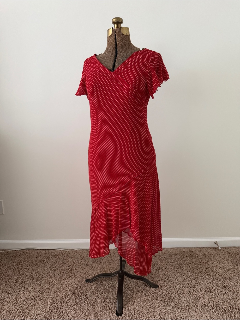 Vintage Papell for Dress Barn Red Polka Dot V-Neck High-Low Ruffle Dress